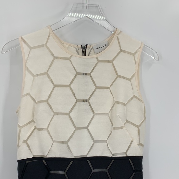Milly black cream colorblock sleeveless shift sheath dress hexagon sheer 2 - Picture 2 of 4